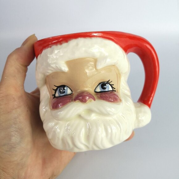 Vintage Ceramic Santa Christmas Mug Hand Painted Eyelashes Rosy Cheeks '82 Retro - Picture 8 of 9